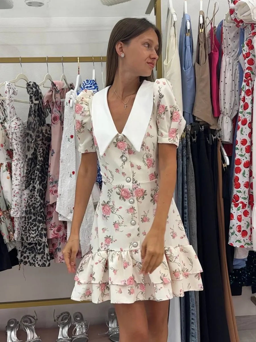Tossy Printed Lapel Fashion Mini Dress Women's Short Sleeve Patchwork Contrast Elegant Summer Dress 2025 Female Bodycon Dress