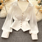 White Casual Polo-Neck Pullover Buttons Puff Sleeve Straight Women's Blouse Short Shirt Female Clothing Tops 2024 Fashion