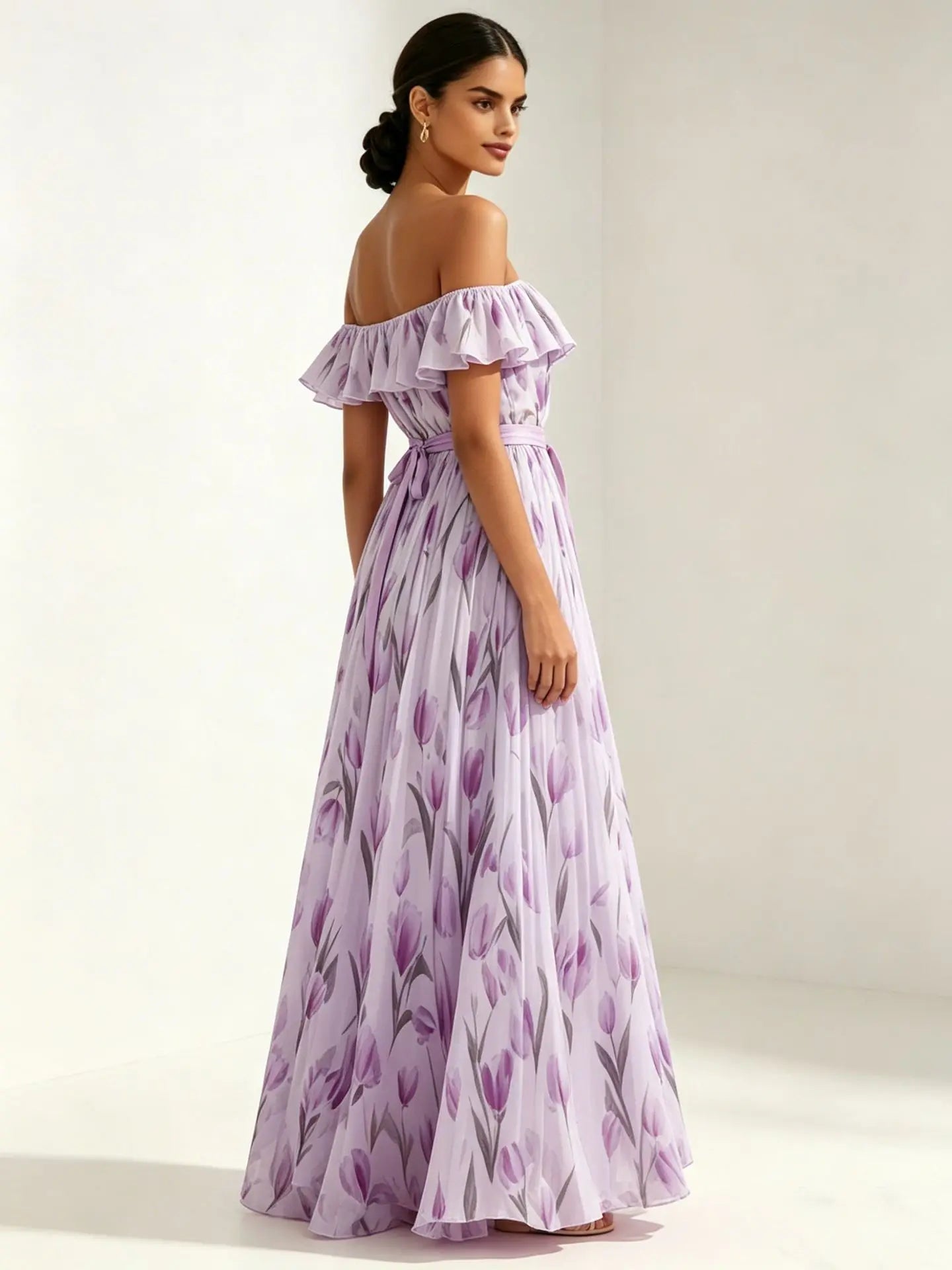 2026 summer off-the-shoulder tulip print plus size slimming square neck maxi dress