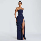 Women Solid Pleated Sexy Strapless Dress Lady Chic Off-shoulder Backless High Waist Split Dresses 2026 New Evening Party Gown