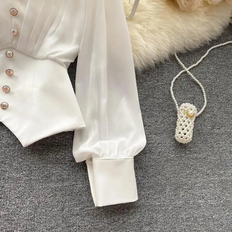 White Casual Polo-Neck Pullover Buttons Puff Sleeve Straight Women's Blouse Short Shirt Female Clothing Tops 2024 Fashion
