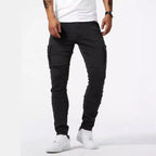 Men's street stretch denim jeans, washed solid color multi pocket work pants, casual slim fit, daily wear, jogging pants, mid wa