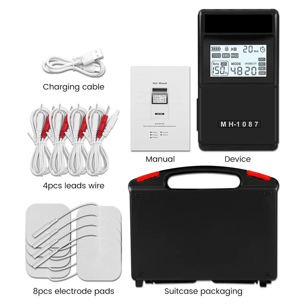 Digital TENS EMS Unit 4-Channel Tens Electrostimulator Rechargeable Muscle Stimulator with 20 Intensity Levels for  Pain Relief
