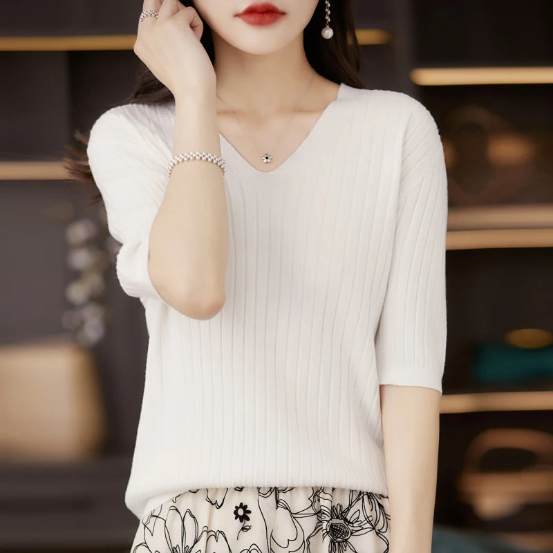 Women's Sweater Spring Summer Short Sleeve V-neck Knit Shirt Casual Korean Pullovers Stripe Bottoming Shirt Slim Fit Jumpers