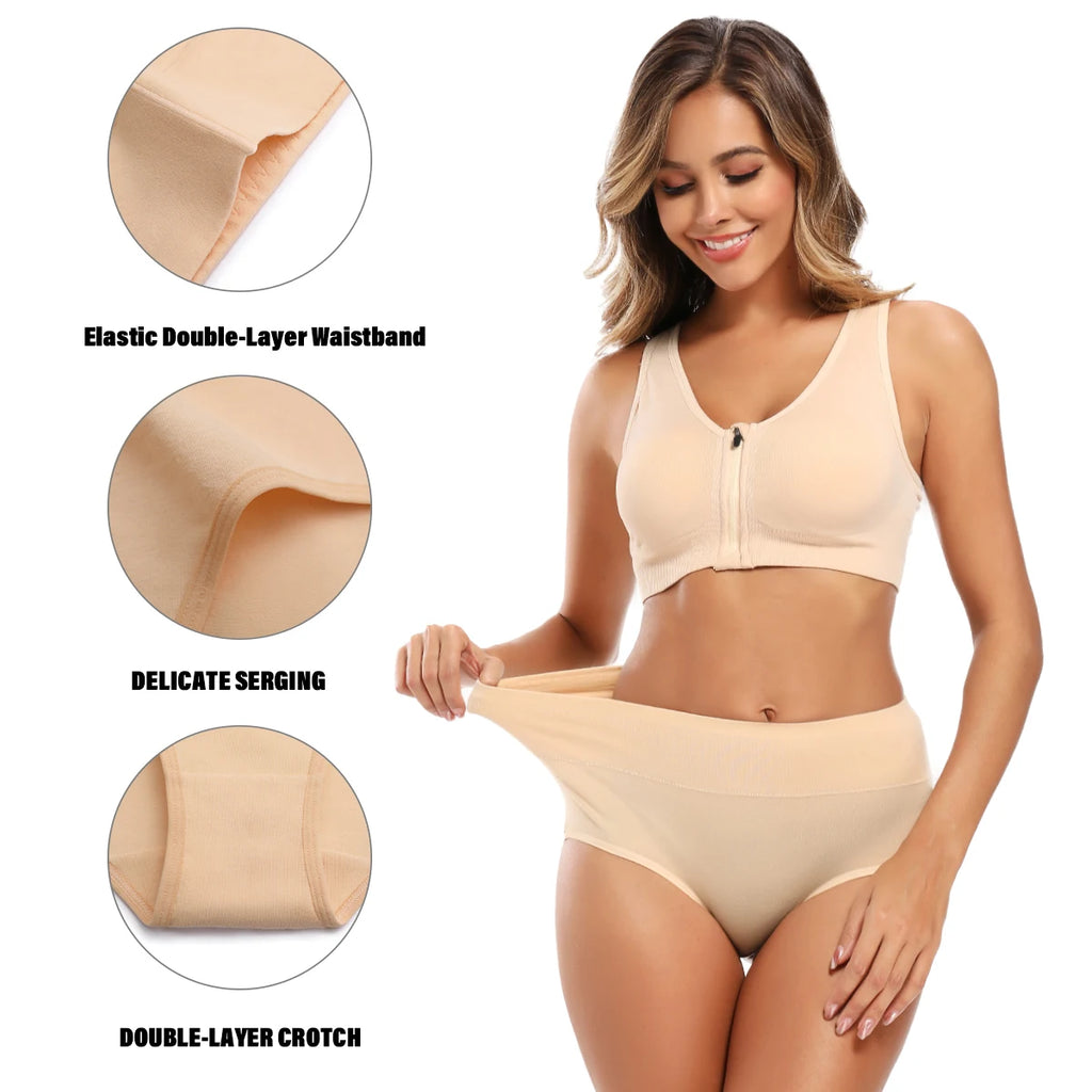 Molasus 5pcs Women's Cotton Panties Seamless Underwear High Waist Full Coverage Ladies Briefs Set Breathable Underpant Plus Size