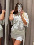 HH 2026 Women Elegant White Short-Sleeved Backless Sequined Splicing Decoration Sexy Short Dress Woman Fashion Party Mini Dress