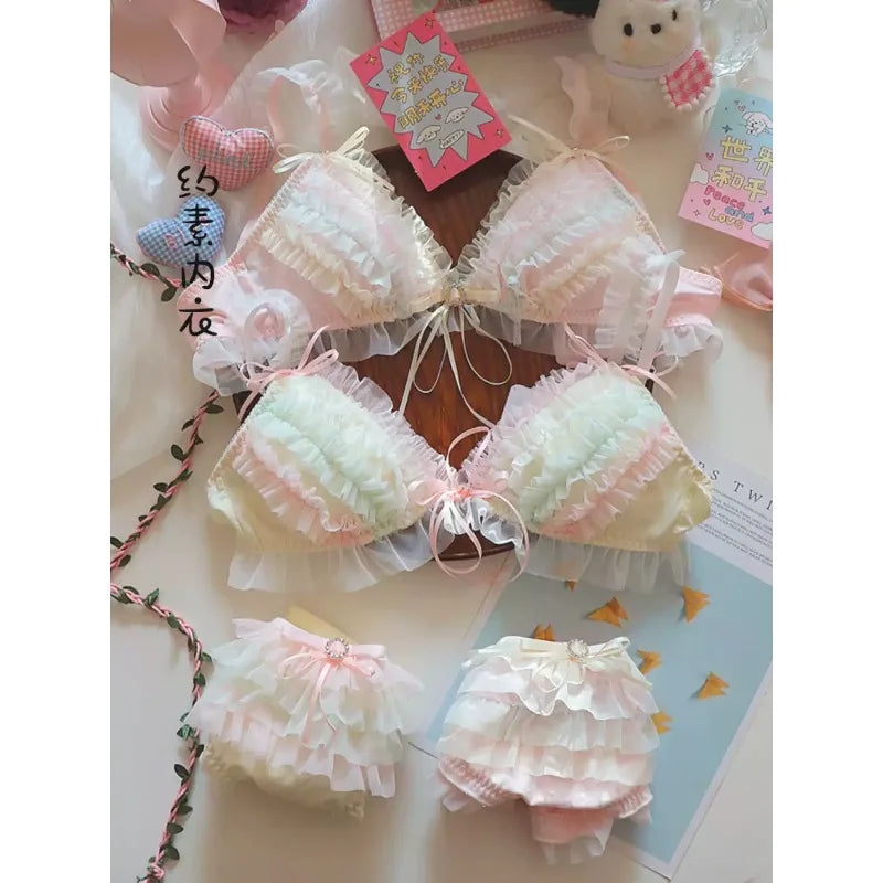 Japanese Style Lolita Princess Lingerie Set Women Pure Desire Cake Layer Lace Mesh Cotton Crotch Party Bra And Panty Set  Cute