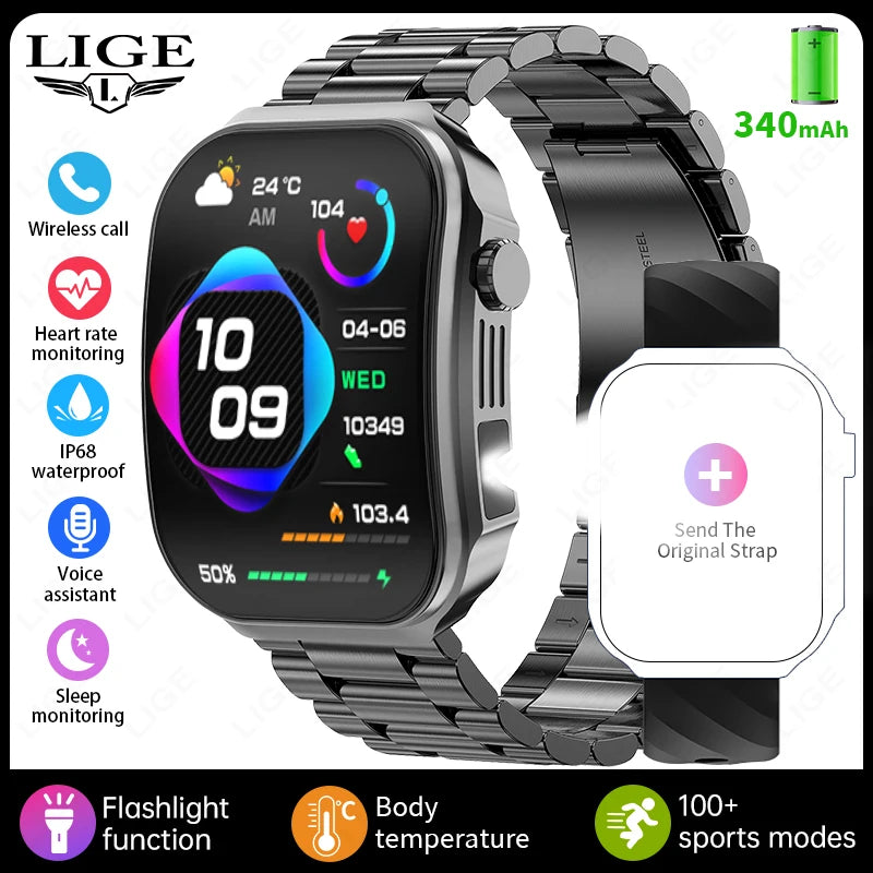 LIGE New 2.2-inch 3D Curved Screen Smart Watch With LED Light Thermometer Health Monitor Smartwatch BT Call Sports Fitness Watch