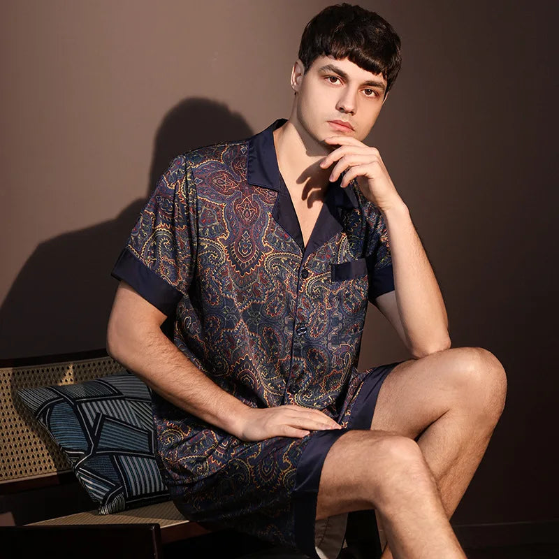 High Quality Pajamas Suit Men Summer Short Sleeve Shorts Ice Silk Sleepwear Male Summer Large Size Simple Casual Loungewear Set Main image