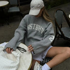 Trendy Loose Letter Jacquard Knitted Pullover Women's 2025 Autumn New Highstreet Gray Black Soft Sweater Hottie Versatile Pieces
