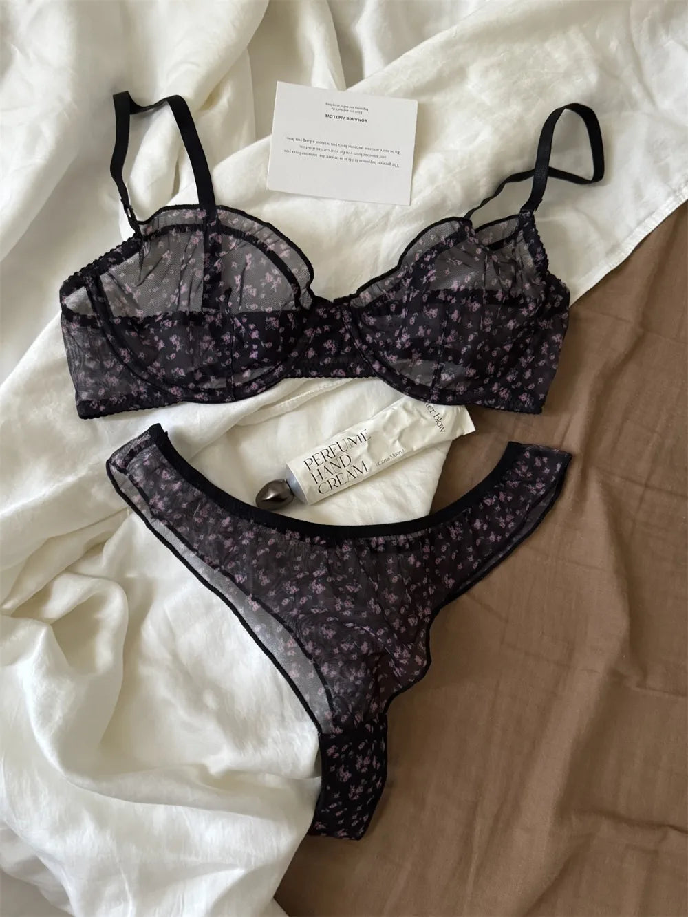 French Ultra Thin Lingerie Set Sexy Lace Floral Prints Bra Fashion Women Underwear Mesh Breathable Intimates Bras and Thong Sets