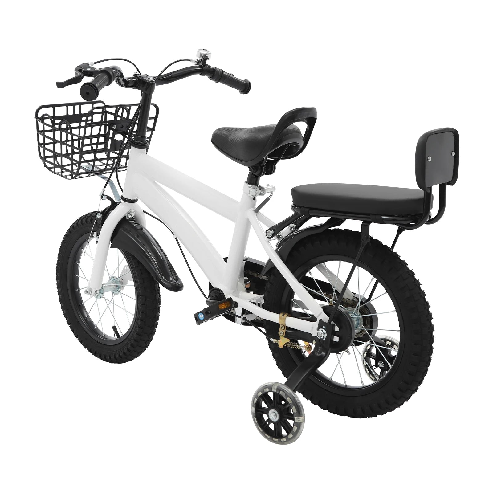 14" Kids Bike Adjustable Children's Bicycle Load 60kg w/Training Wheels+Basket+Backrest Rear Seat for 3-7 Year Old (White/Black)