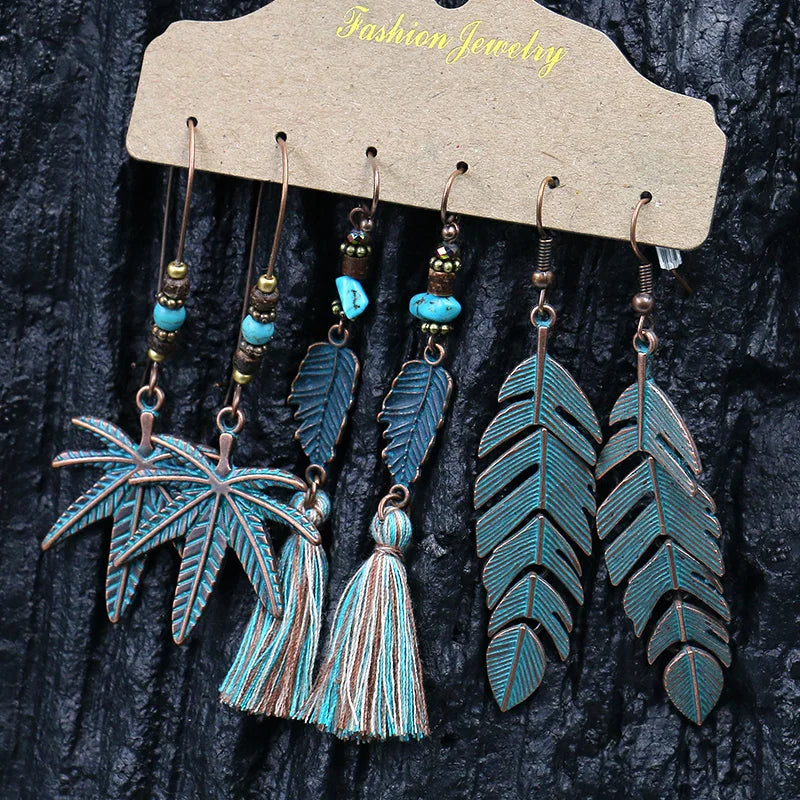 Boho 3Pcs/set Ethnic Leaf Bronze Earrings Set Vintage Hanging Earrings for Women Gypsy Statement Jewelry Accessories Pendientes