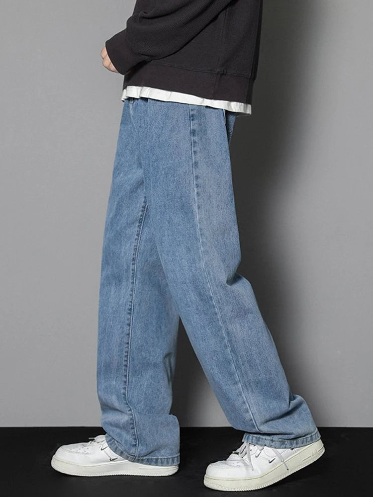 2026 New Korean Men's Casual Long Jeans Classic Man Straight Denim Wide-leg Pants Solid Color Light Blue Grey Black Main image