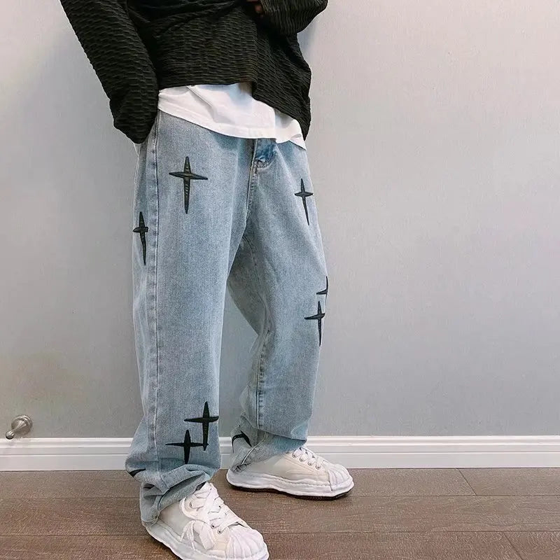 Prints Jeans Men 2023 New Streetwear Baggy Wide Leg Jeans Korean Fashion Drapes Straight Casual Loose Denim Cargo Pants Secondary image
