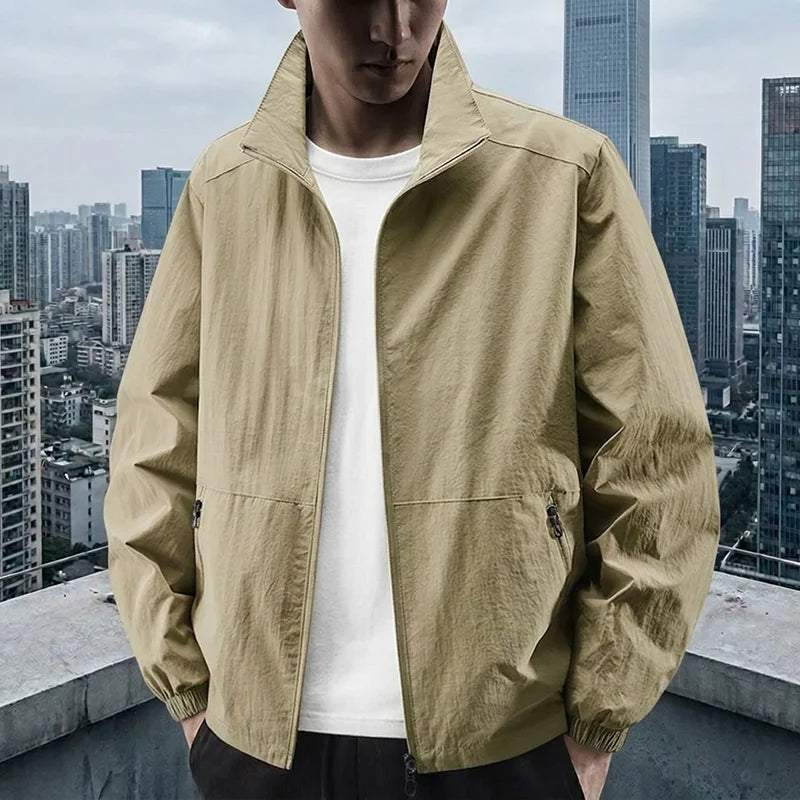 Men's Stand Collar Jacket Spring Breathable Lightweight Anti-Wrinkle Windbreaker Outdoor Sport Casual Quick-Drying Work Jackets