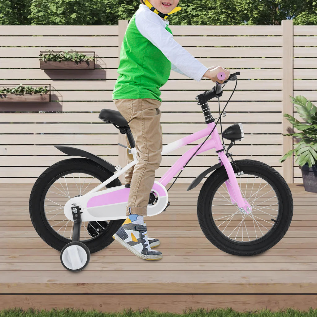 16 Inch Children's Bicycle Carbon Steel Mountain Bike with Auxiliary Wheels & LED Light for 5-8 Years Old,Height Adjustable,60Kg