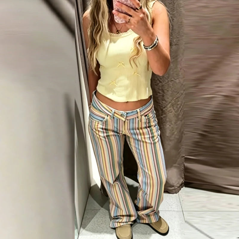 HXAO Rainbow Striped Jeans Women's Pants Spring 2026 Casual Straight Leg Mid-Waisted Trousers Fashion Streetwear Pants For Women