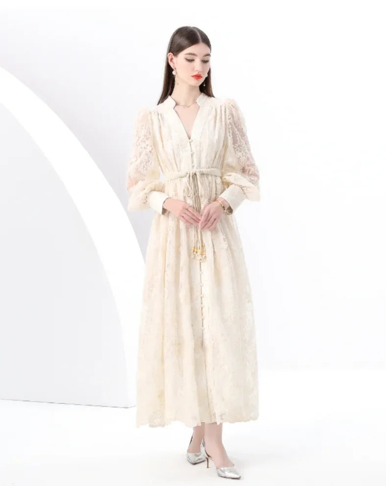 Spring Autumn French High-end Women's Dress New Lace Embroidery V-neck Lantern Sleeves Single Breasted Party Birthday Dress C192