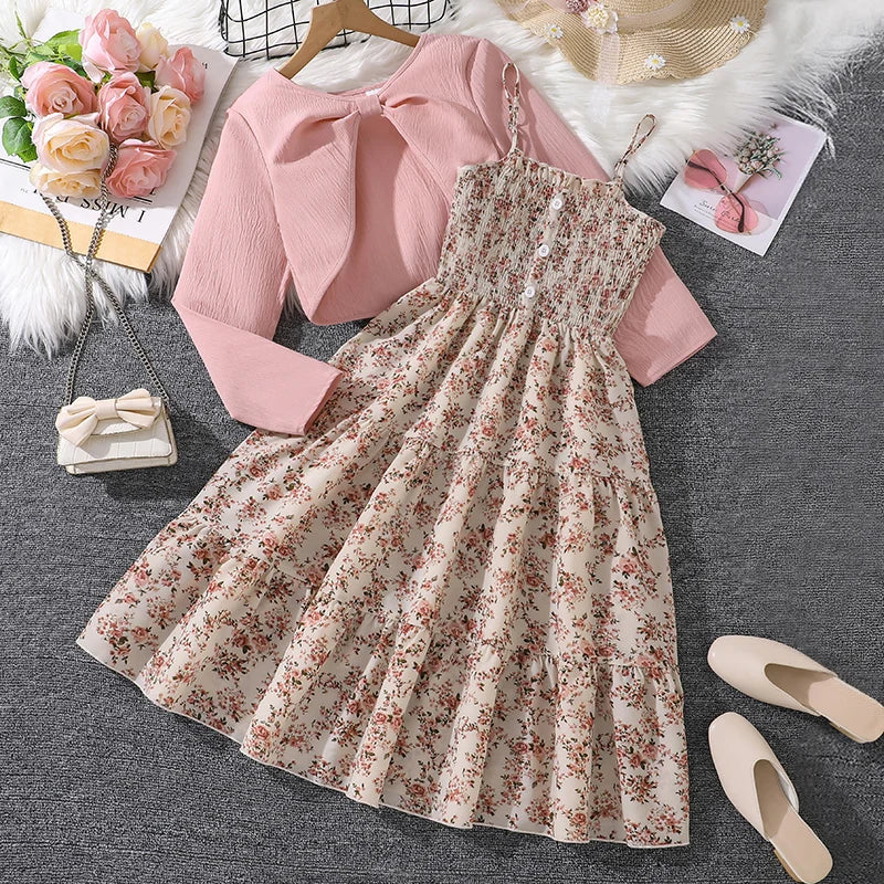 Kid Girl Long Sleeve Bow Design Coat & Beige All Print Shirred-Bodice Sling Dress Set Cute Sweet Elegant Princess Dress For Kids Main image