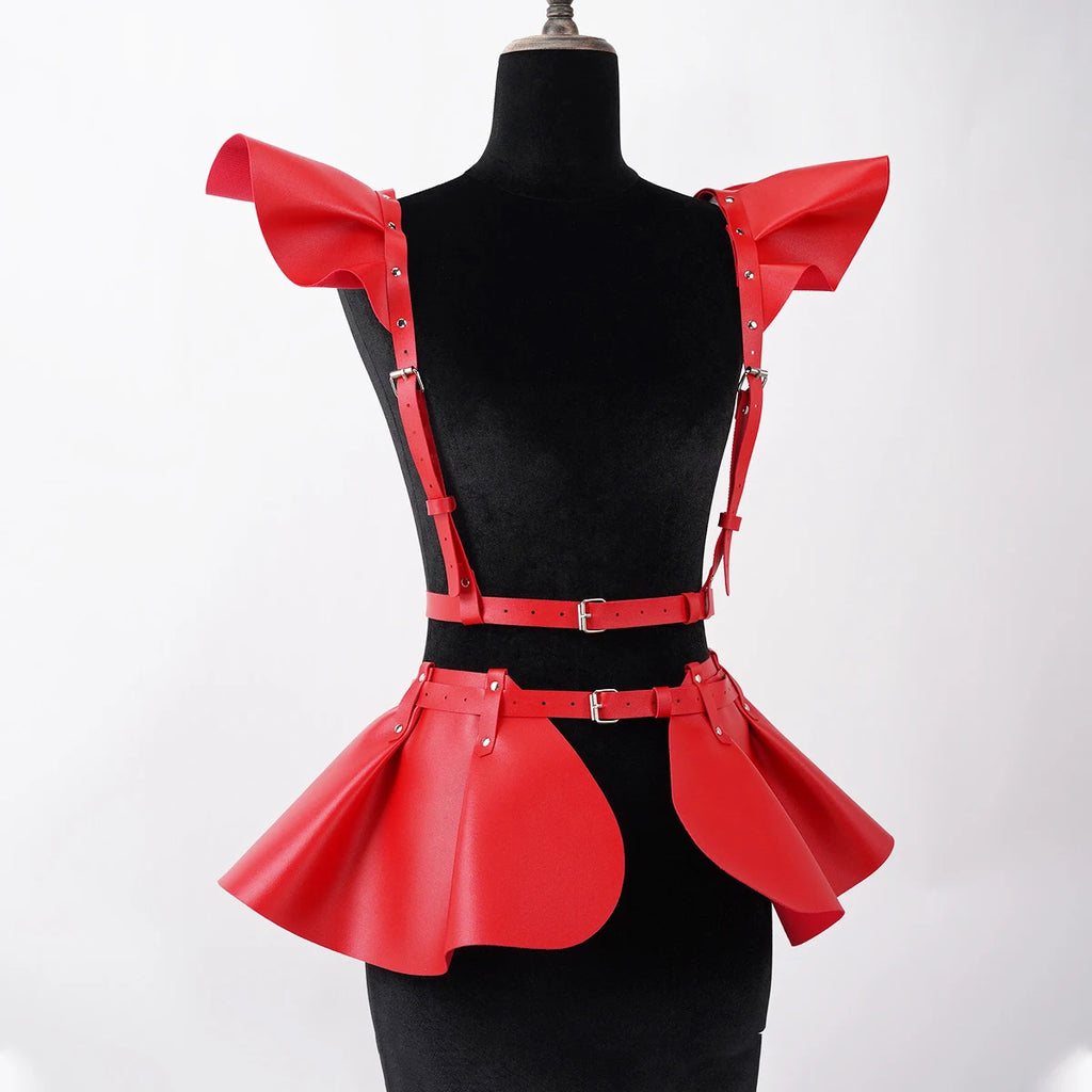Leather Skirt Women's Belts Fashion Body Harness Belt Skirt With Ruffle Hem Gothic Style Waist &Shoulder Belt Clothing Accessory