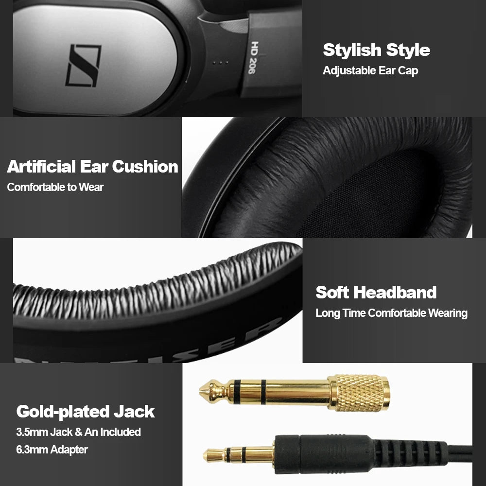 Sennheiser HD206 Over-Ear Wired HiFi Drivers Stereo Bass Audiophile Headphones Original Noise-Canceling Monitoring Headset