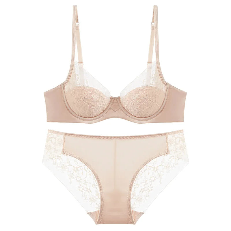 Luxury Women Lingerie Set Sexy Lace Embroidery Underwear French Thin Cup Push Up Bra Summer Mesh Breathable Intimates Bra Sets