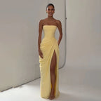 Women Solid Pleated Sexy Strapless Dress Lady Chic Off-shoulder Backless High Waist Split Dresses 2026 New Evening Party Gown
