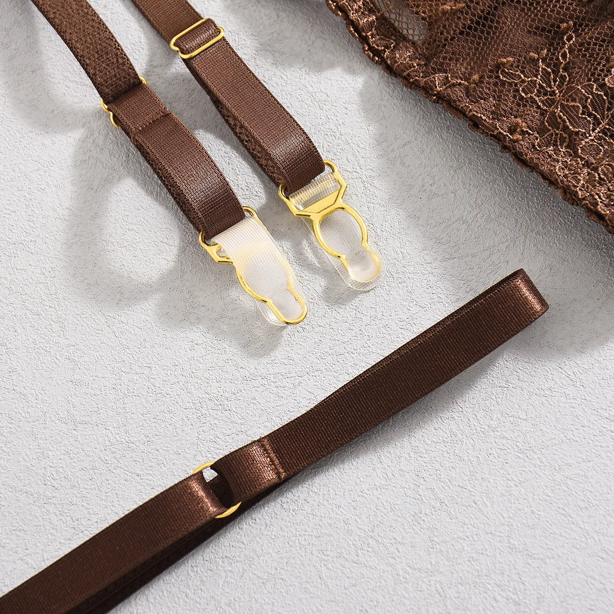 Elegant Lingeries Sexy Hot Exclusive Coffee Bra Belt Thong 3PC with Leg Circles Cute Intimate Lace Tempted Tipsy Set