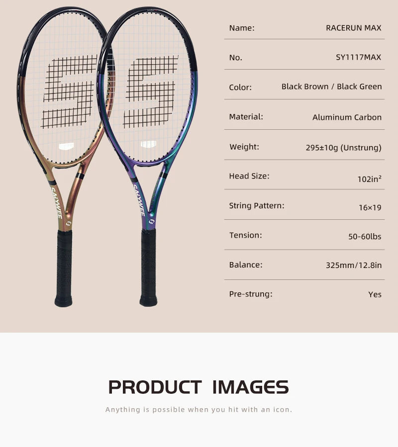 RaceRun-MAX Composite Carbon Tennis Racket, 295±10g Lightweight, 325mm Balance, One-Piece Stable Frame, 50-60lbs, for Advanced