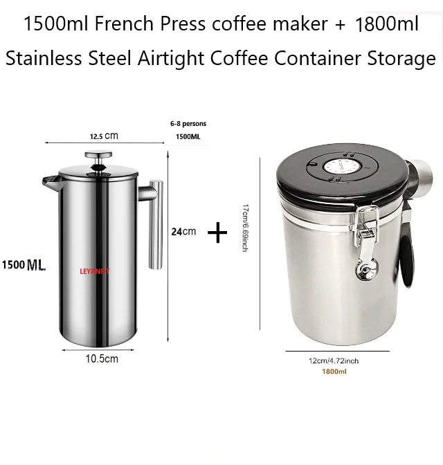 1.5L Coffee Maker French Press Stainless Steel Espresso Coffee Machine French Press Double-Wall Insulated Coffee Tea Maker Pot