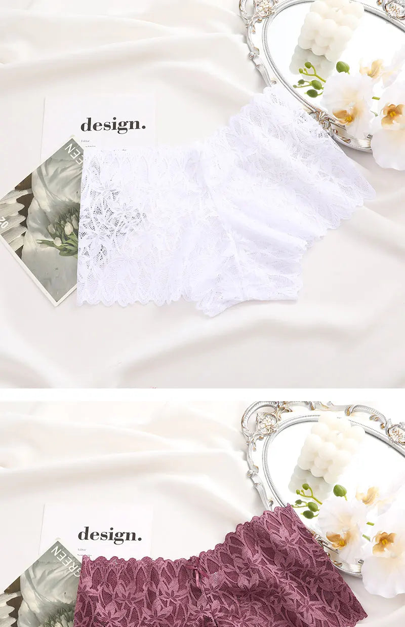 FINETOO 2Pcs Lace Four Shorts Women Low-Rise Panties Floral Underwear S-XL Girls Sexy Panties Ladies Lace Underpants Lingerie