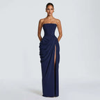 Women Solid Pleated Sexy Strapless Dress Lady Chic Off-shoulder Backless High Waist Split Dresses 2026 New Evening Party Gown