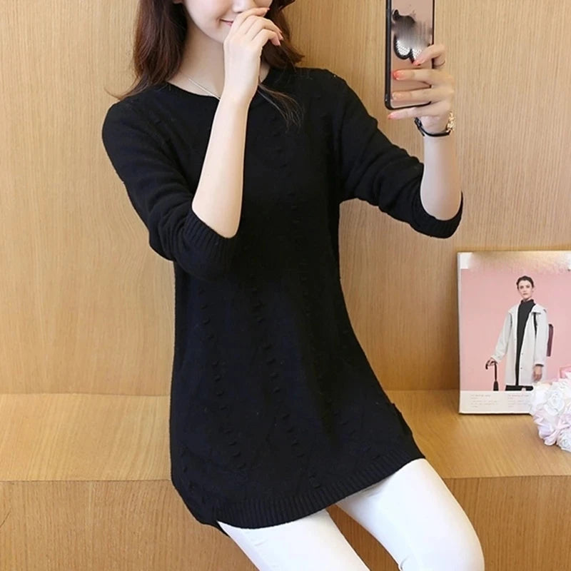 Knitted Jumper Autumn Winter Tops O-neck Long Sleeve Pullovers Casual Warm Women's Sweaters Midi Long Slim Sweater Girls