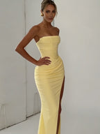 Women Solid Pleated Sexy Strapless Dress Lady Chic Off-shoulder Backless High Waist Split Dresses 2026 New Evening Party Gown