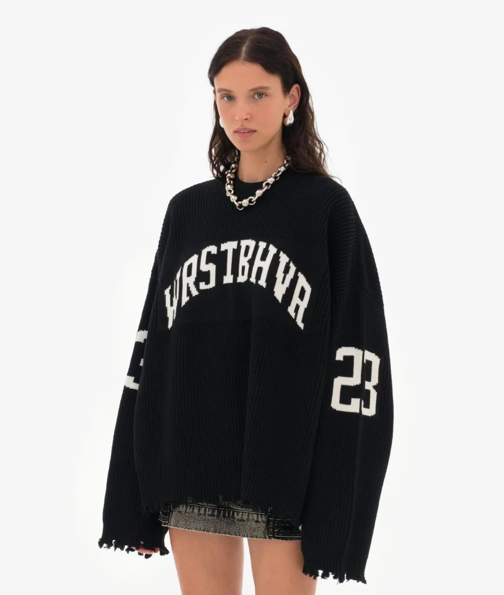 Trendy Loose Letter Jacquard Knitted Pullover Women's 2025 Autumn New Highstreet Gray Black Soft Sweater Hottie Versatile Pieces