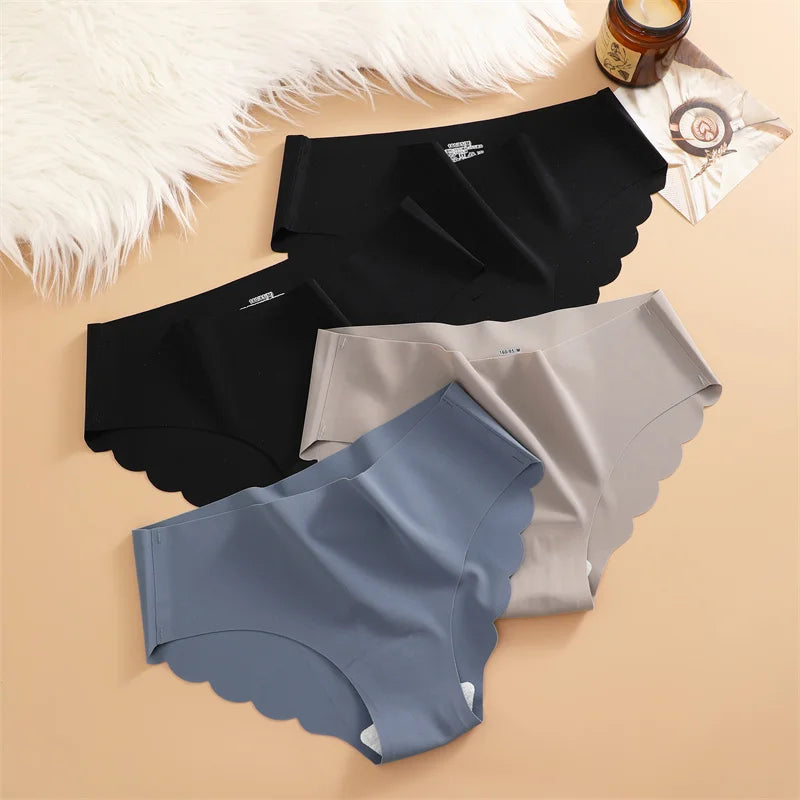 7PCS/Set Ice Silk Seamless Panties Women's Briefs Solid Color Elastic Underwear Female Ultra Thin No Trace Wavy Side Panties