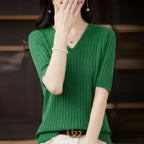 Women's Sweater Spring Summer Short Sleeve V-neck Knit Shirt Casual Korean Pullovers Stripe Bottoming Shirt Slim Fit Jumpers