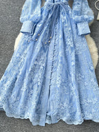 Spring Autumn French High-end Women's Dress New Lace Embroidery V-neck Lantern Sleeves Single Breasted Party Birthday Dress C192