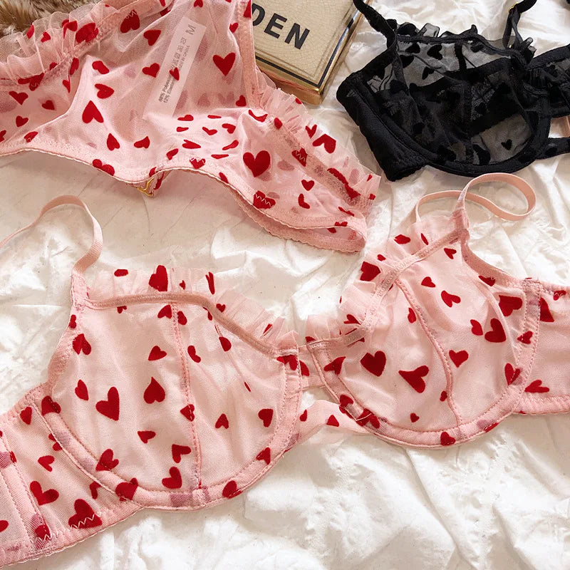 New Lingerie Thongs Set Sexy Ultra Thin Transparent Bra Women Underwire Push Up Bra Set Summer Romantic Peach Heart Underwear