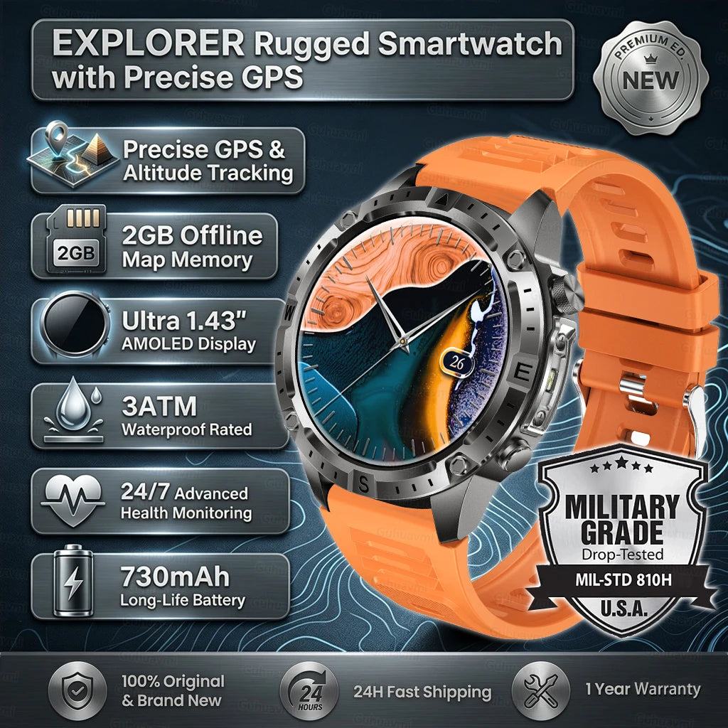 GPS Smart Watch for Men 2G ROM GPS Offline Maps Waterproof Swim Hiking Fitness Tracker Sleep SpO2 Rugged Durable Smartwatch GPS