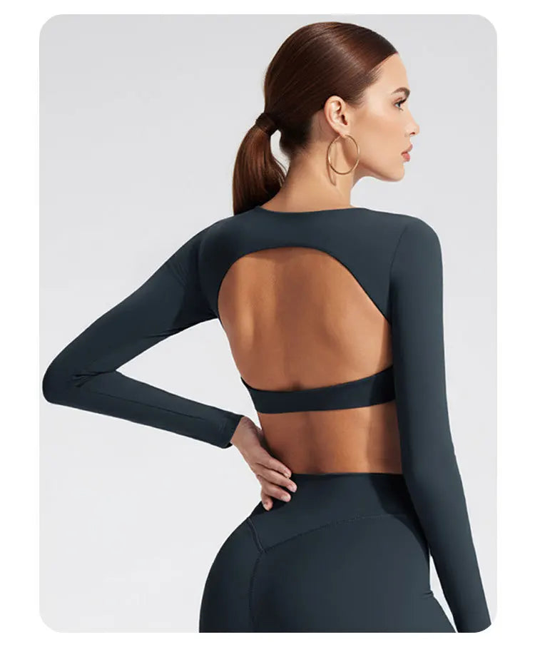 NCLAGEN Sports Tops Gym Women Fitness T Shirt Long Sleeve Open Back Pilates Yoga Padded Crop Top Running Workout Fitness Blouse