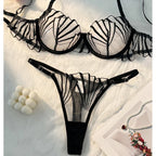 Black Lace Lingerie Set – Sheer Eyelash Mesh Push-Up Bra and Panty with Triangle Cup Design