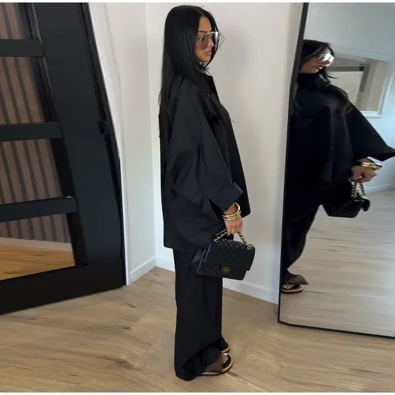 Women Solid Lapel Full Sleeves Pant Suits Chic Single Breasted Wide-leg Long Pants Sets 2026 Lady  Casual Daily Loose Fit Outfit