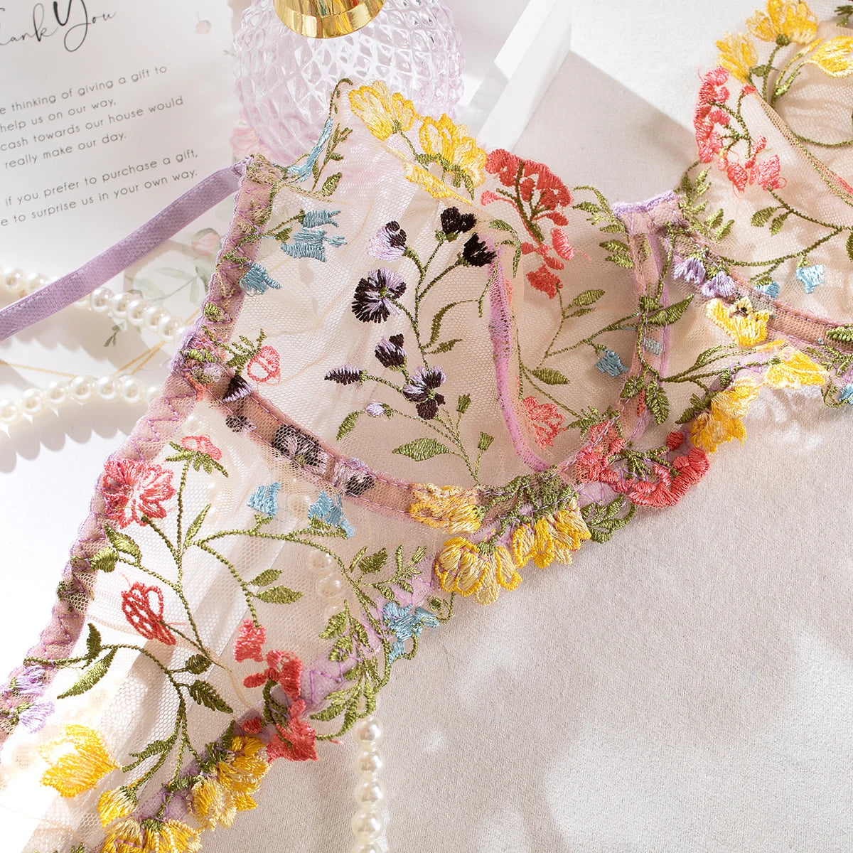 Yimunancy Floral Embroidery Lingerie Set Women Sheer 2-Piece Boho Bra + Panty Underwear Set Intimates