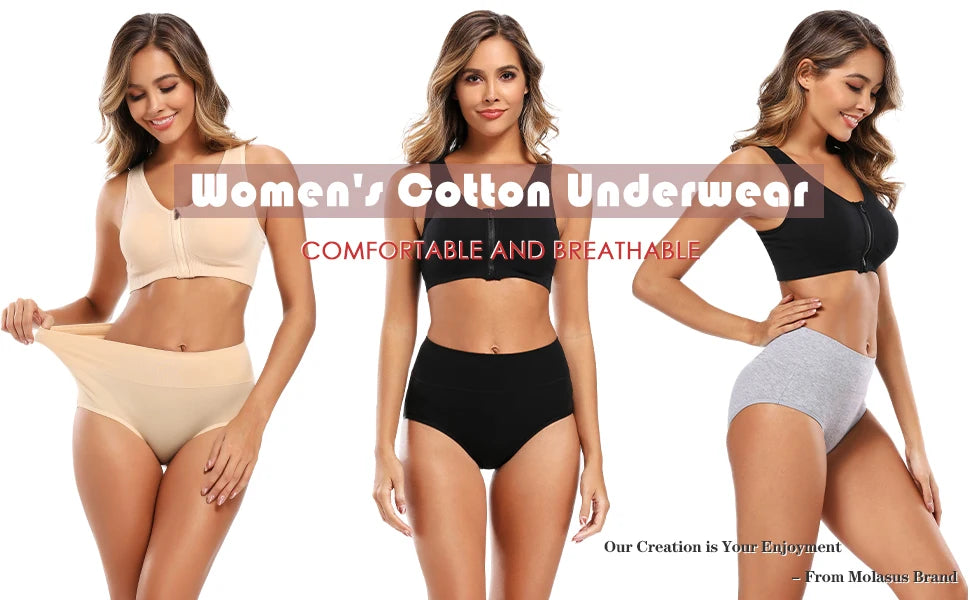 Molasus 5pcs Women's Cotton Panties Seamless Underwear High Waist Full Coverage Ladies Briefs Set Breathable Underpant Plus Size