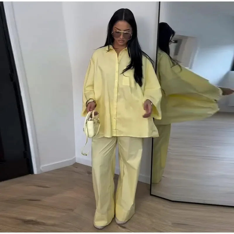 Women Solid Lapel Full Sleeves Pant Suits Chic Single Breasted Wide-leg Long Pants Sets 2026 Lady  Casual Daily Loose Fit Outfit