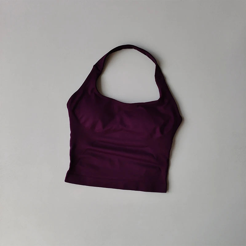 Seamless Halter Neck Yoga Tank Tops for Women Built-in Bra Padded Gym Top Sleeveless Shirt Fitted Backless Workout Clothes