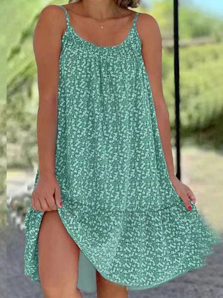 2026 Summer New Cross border Amazon European and American Leisure Style Printed Sleeveless Large Swing Strap Dress