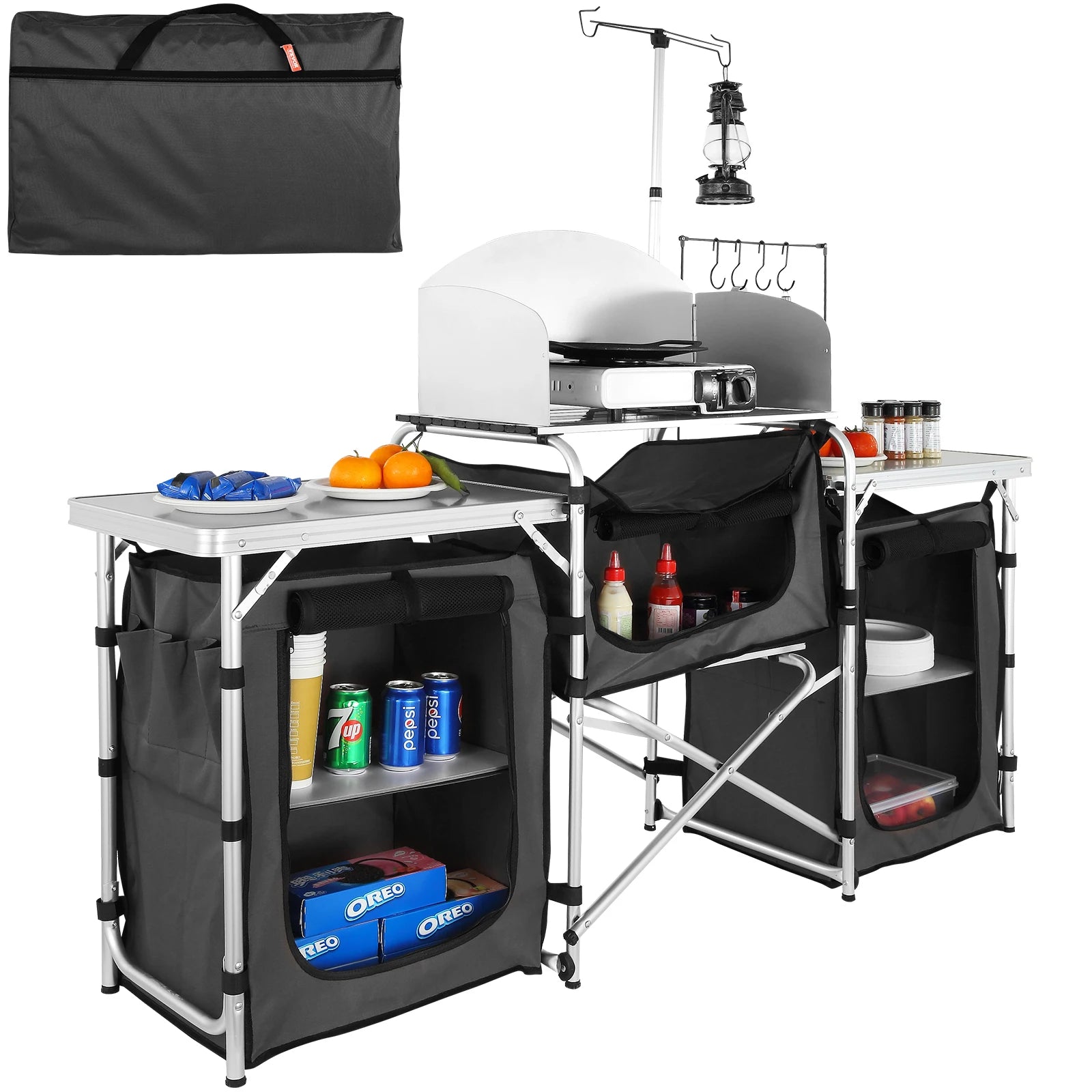 SucceBuy Camping Outdoor Kitchen Table Cabinet Foldable Folding Cooking Storage Rack Aluminum Alloy Bracket for BBQ Picnic Main image